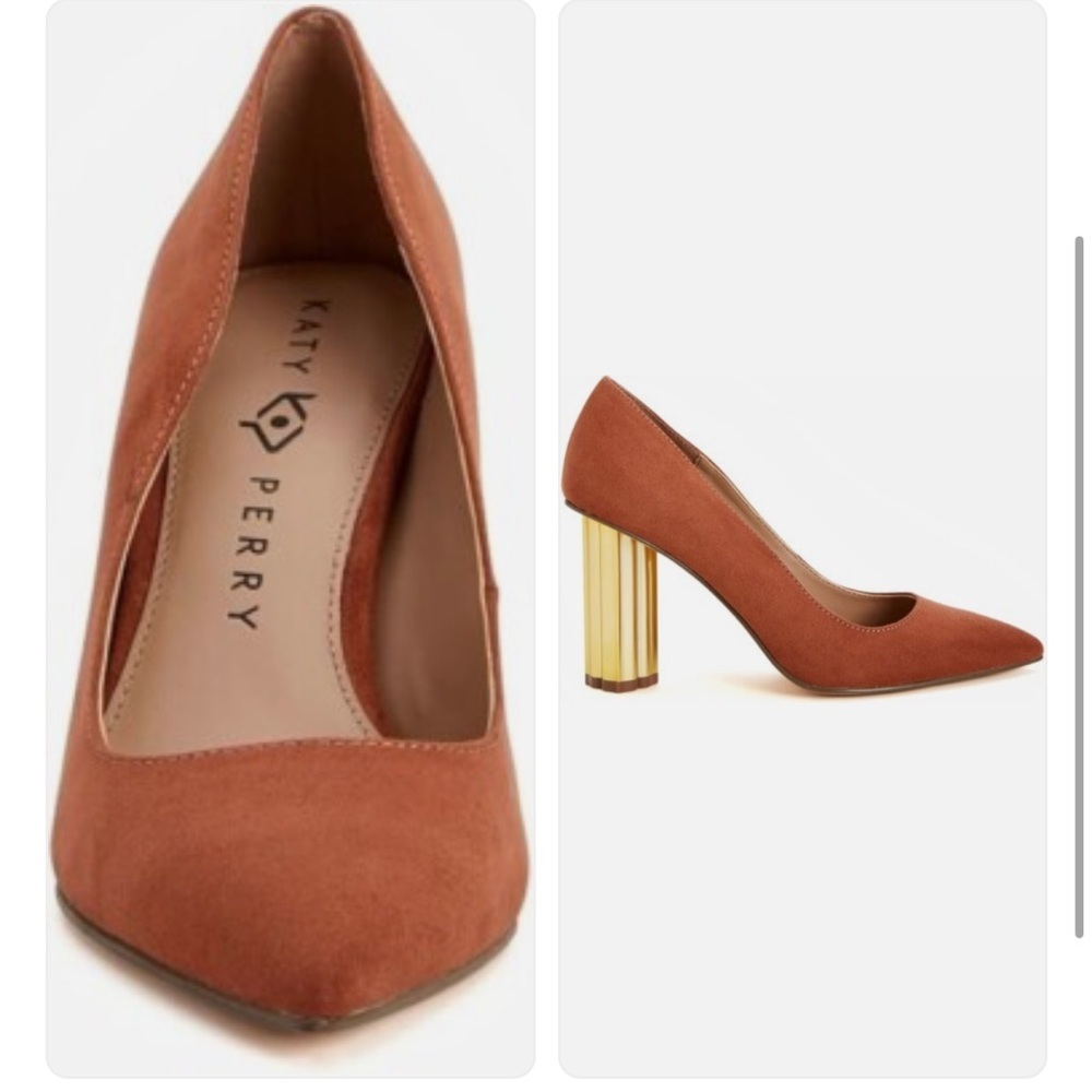 Katy Perry Collections Rust Suede Pointed Pump with Gold Cylindrical Heel 6.5